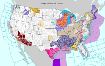 Tras el paso del frente, una masa de aire de origen polar provocará un desplome térmico drástico. En la madrugada del martes, se esperan sensaciones térmicas bajo cero en regiones tan al sur como el Panhandle de Florida y la costa del Golfo