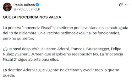 Tras la presentación el proyecto, el diputado Pablo Juliano afirmó que "la doctrina Adorni sigue vigente"