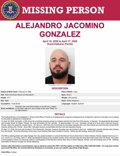 Tras más de diez días de búsqueda y una investigación liderada por las divisiones del FBI en Tampa y Atlanta, se confirmó el hallazgo sin vida del camionero