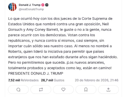 Tras su desbordada conferencia de prensa, el presidente Donald Trump publicó extensos mensajes en su red Truth Social, el 20 de febrero de 2026