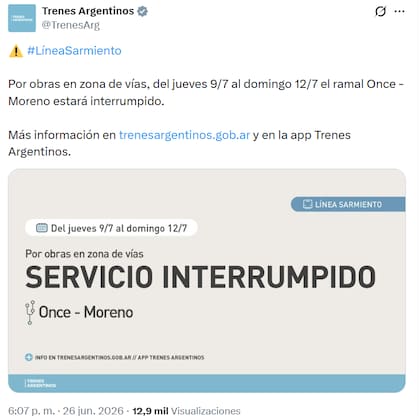 Trenes Argentinos anunció una interrupción temporal del tren Sarmiento ramal Once-Moreno