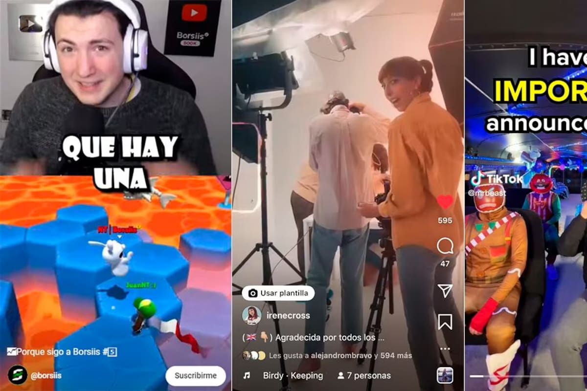 Tres ejemplos de videos verticales de las cuentas de YouTube Shorts de Borsiis, Instagram Reels de Irene Cruz y TikTok de Mr. Beast.