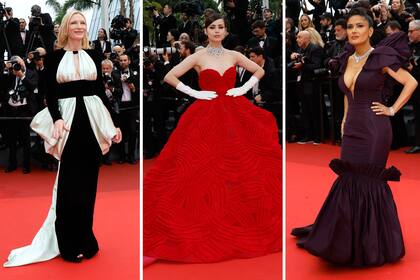 Tres estilos bien distintos en la alfombra roja de Cannes: Cate Blanchett, Sofia Carson y Salma Hayek