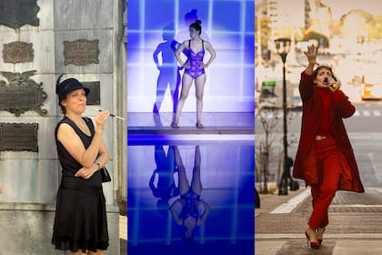 Tres performances que toman espacios urbanos no tradicionales como escenario: Las sombras de la historia, en el Cementerio de la Recoleta; Subacuática, en un natatorio, y Cinemateque Microcentro, en las calles porteñas