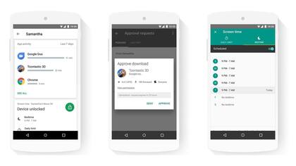 Tres vistas de la aplicación Google Family Link