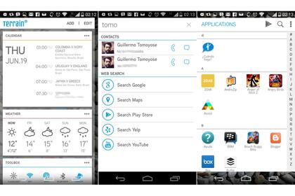 Las tarjetas tipo Google Now en Terrain; una búsqueda; la lista de aplicaciones; también admite una cuarta vista con paneles y widgets