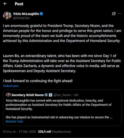 Tricia McLaughlin anunció su salida del DHS