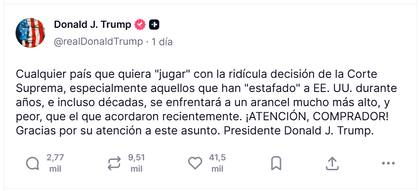 Trump amenazó por su red Truth Social a “cualquier país que quiera ‘jugar’ con la ridícula decisión de la Corte Suprema” respecto a su política arancelaria, el 23 de febrero de 2026