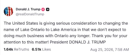Trump anunció que evalúa cambiarle el nombre al Lago Ontario