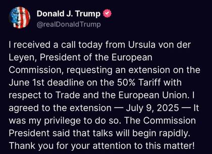 Trump anunció que postergaría hasta el 9 de julio la imposición de aranceles a la Unión Europea, después de una conversación con Ursula Von der Leyen