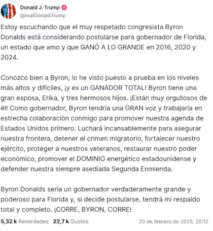 Trump apoyó al congresista Byron Donalds para suceder a Ron DeSantis en Florida