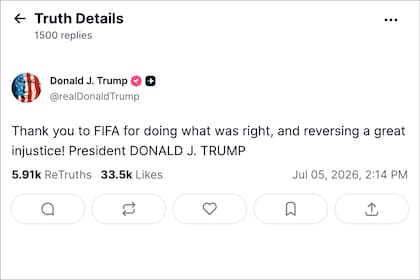 Trump celebró la polémica decisión de la FIFA con un mensaje en redes sociales en el que sostuvo que se volvió atrás "con una gran injusticia"