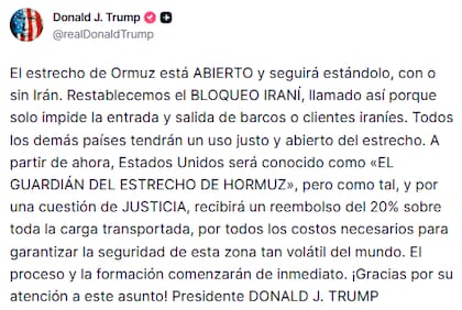 Trump indicó que Estados Unidos será conocido como "el guardián del estrecho de Ormuz"