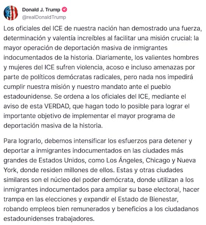 Trump le pidió a ICE que amplíe sus esfuerzos para deportar migrantes y arremetió contra los líderes demócratas de las ciudades santuario