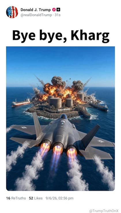 Trump publica una imagen en la que el Ejército ataca la isla de Kharg