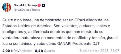 Trump publicó un mensaje asegurando que Israel es un "gran aliado" de Estados Unidos