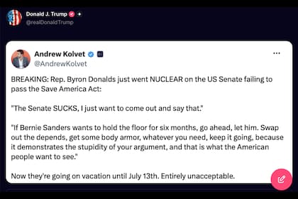 Trump reposteó la publicación de Andrew Kolvet sobre las críticas de Byron Donalds