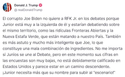 Trump sostuvo que Robert F. Kennedy Jr. no está en condiciones de participar del debate