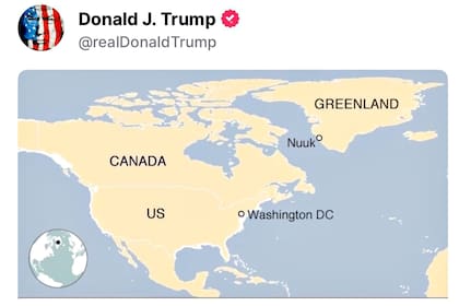 Trump subió a su cuenta de Truthsocial un mapa para ilustrar la cercanía de Groenlandia con América del Norte