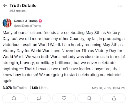 Trump sugiere establecer un nuevo feriado federal el 8 de mayo