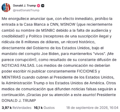Trump vetó a CNN y dos medios estadounidenses de la Casa Blanca