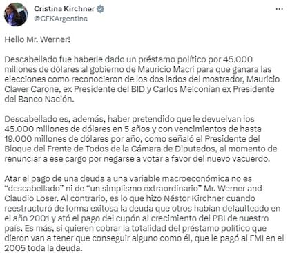 Tuit de Cristina Kirchner contra Werner y Loser