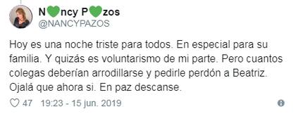 Tuit de la periodista Nancy Pazos