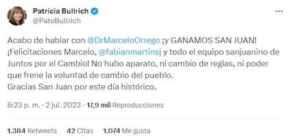 Tuit de Patricia Bullrich tras el resultado electoral en San Juan