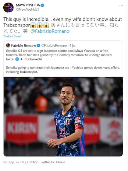 Tuit que compartió Maya Yoshida ante la información que brindó el periodista Fabrizio Romano