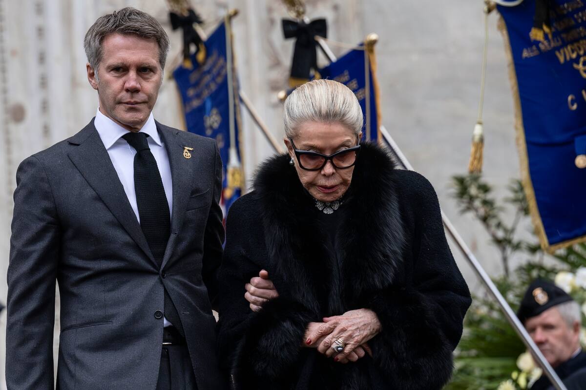 TURIN CATHEDRAL, TURIN, ITALY - 2024/02/10: Marina Doria of Savoy (R), widow of Vittorio Emanuele of Savoy, and Emanuele Filiberto of Savoy, son of Vittorio Emanuele of Savoy, exit the Turin Cathedral following the funeral ceremony of Vittorio Emanuele of Savoy. Vittorio Emanuele of Savoy was the son of Umberto II of Savoy, the last king of Italy, and he died in Geneva on February 3, 2024. (Photo by Nicolò Campo/LightRocket via Getty Images)