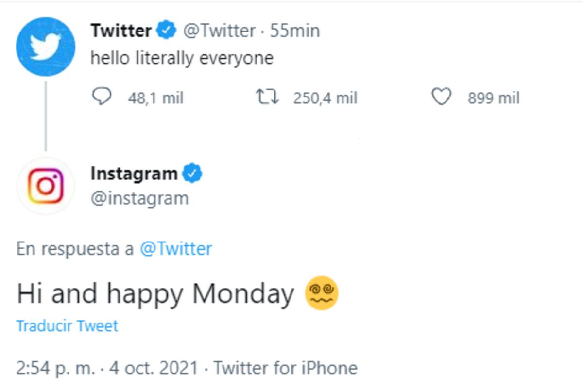 Twitter saludó a todos los nuevos usuarios que ingresaron a la plataforma luego de que se cayera Facebook e Instagram, y le respondió Instagram