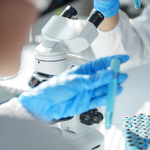 Two scientists wearing lab coats and gloves are carefully examining test tubes filled with blue liquid, conducting research in a modern laboratory setting with a microscope nearby