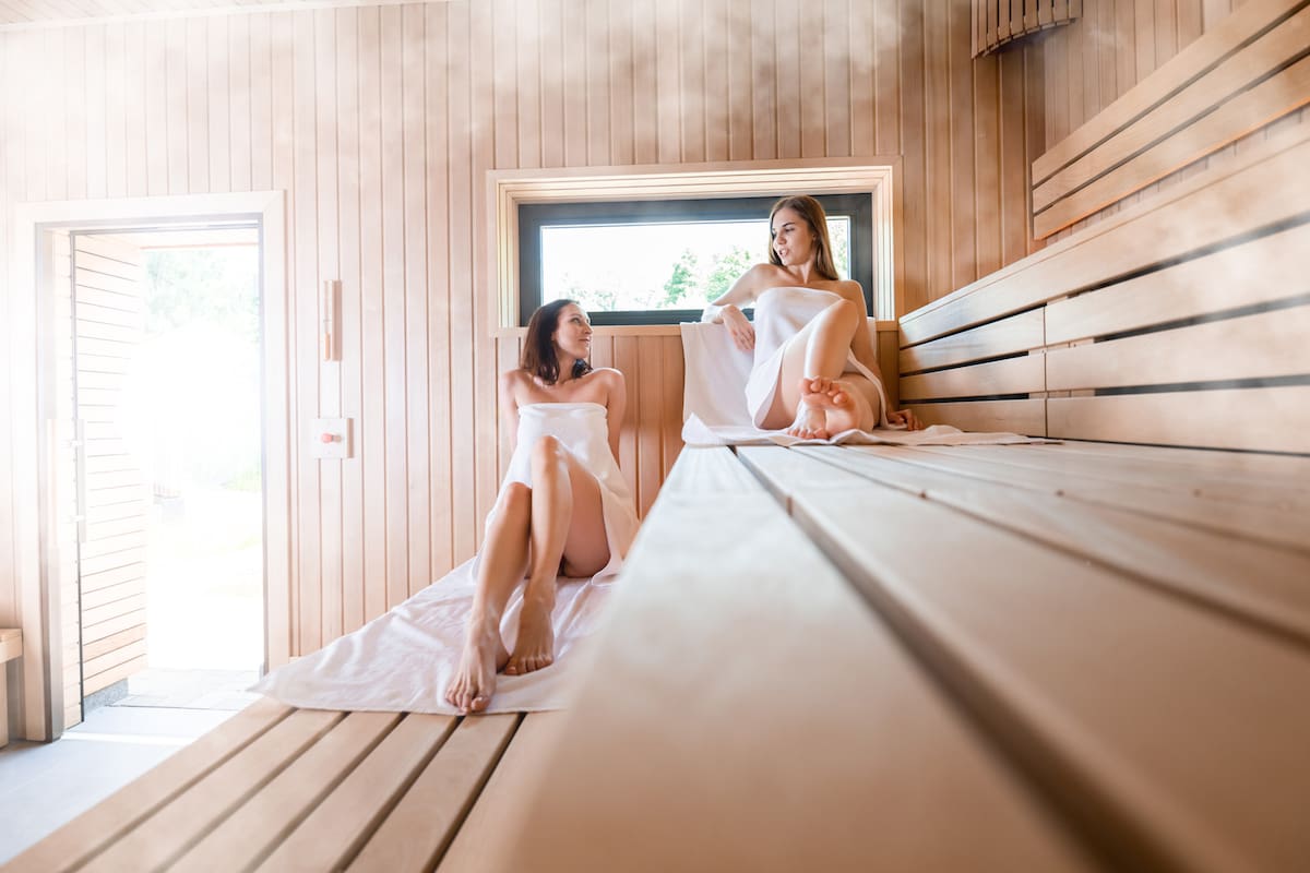 Two young women relaxing in the sauna