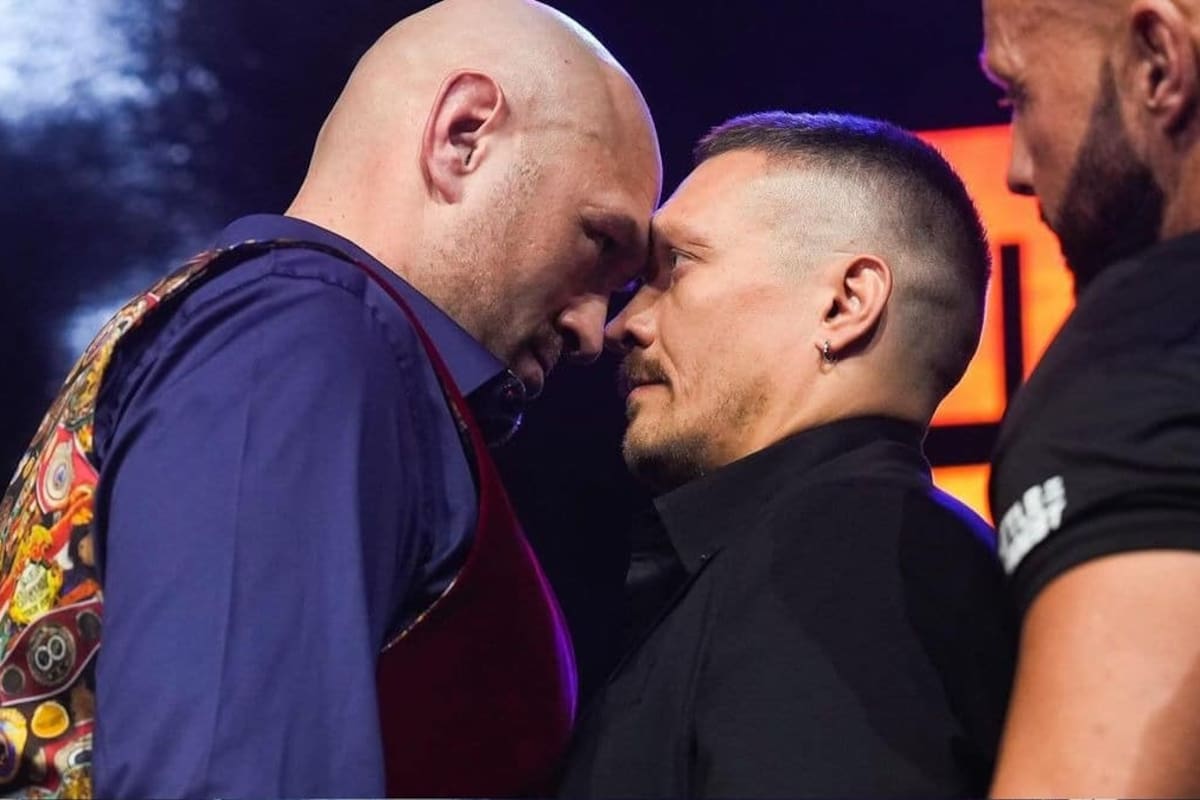 Tyson Fury y Olexsandr Usyk, cara a cara, como estarán en febrero próximo en la unificación de las coronas de la categoría de los pesados.