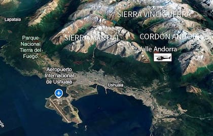 Ubicación de la base Andorra, "detrás" de Ushuaia, pasando el Cerro del Medio