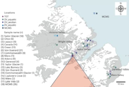 Ubicación de las 167 muestras analizadas por los investigadores en los Valles Secos de McMurdo