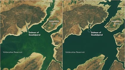 Ubicación del Dolmen desde el aire antes y después de la sequía