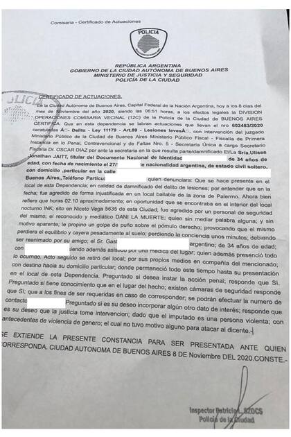La denuncia judicial que presentó Jaitt contra el guardaespaldas