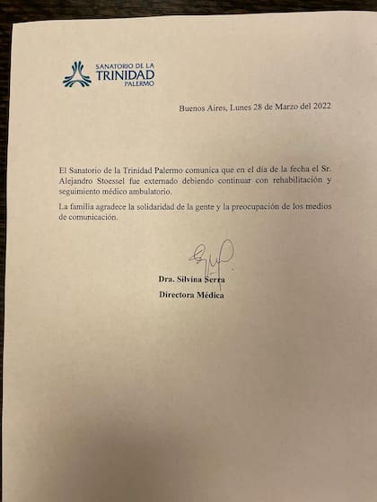 Último parte médico de Alejandro Stoessel