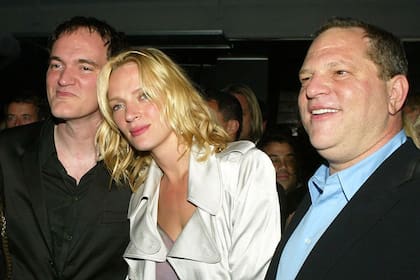 Quentin Tarantino, Uma Thurman y Harvey Weinstein
