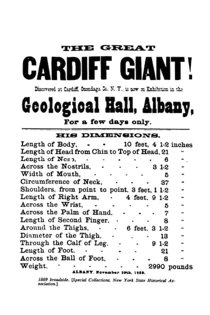 Un afiche promocional describe las medidas del gigante de Cardiff