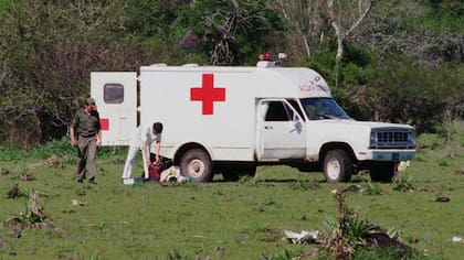 Un ambulancia recoge restos que quedaron tras la caída del avión