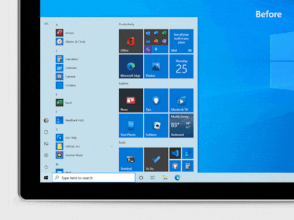 Un antes y después del diseño de Windows 10 visto desde el menú Inicio