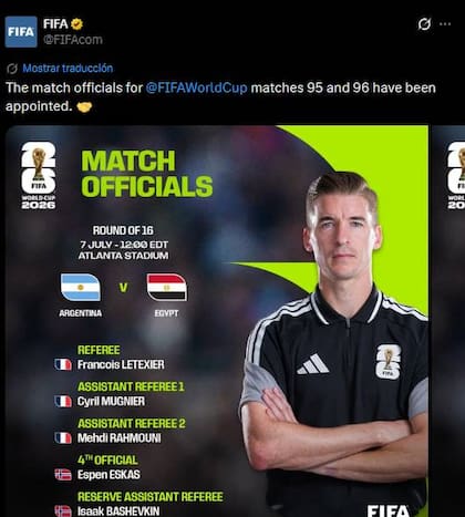 Un árbitro francés dirigirá el partido entre Argentina y Egipto por los octavos de final.