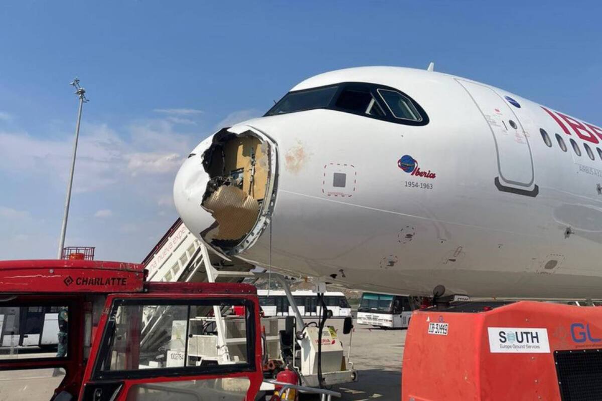 Un avión de Iberia aterrizó de emergencia en Madrid tras un fuerte impacto frontal con un ave