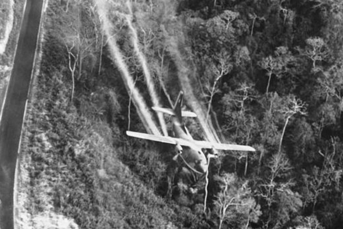 Un avión rocía agente naranja sobre un bosque en el norte de Vietnam en 1966.