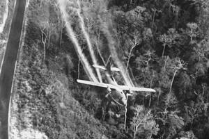 Un avión rocía agente naranja sobre un bosque en el norte de Vietnam en 1966.
