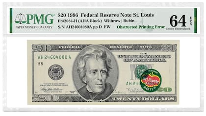 Un Billete de 20 dólares fue calificado como PMG 64 Choice Uncirculated por un inédito error de impresión
