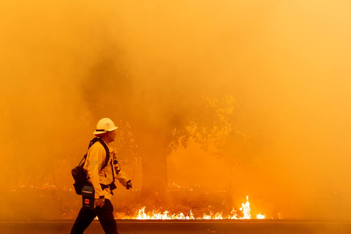 Un bombero de Pacific Gas and Electric camina por una carretera mientras las llamas se acercan en Fairfield, California durante el incendio del LNU Lightning Complex el 19 de agosto de 2020