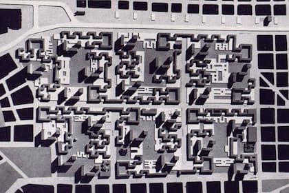 Un bosquejo de cómo se vería el Barrio Sur desde las alturas; donde es posible observar las calles que rodean separan cada uno de sus seis bloques, la distribución de los edificios de tres alturas diferentes y los espacios verdes entre las viviendas